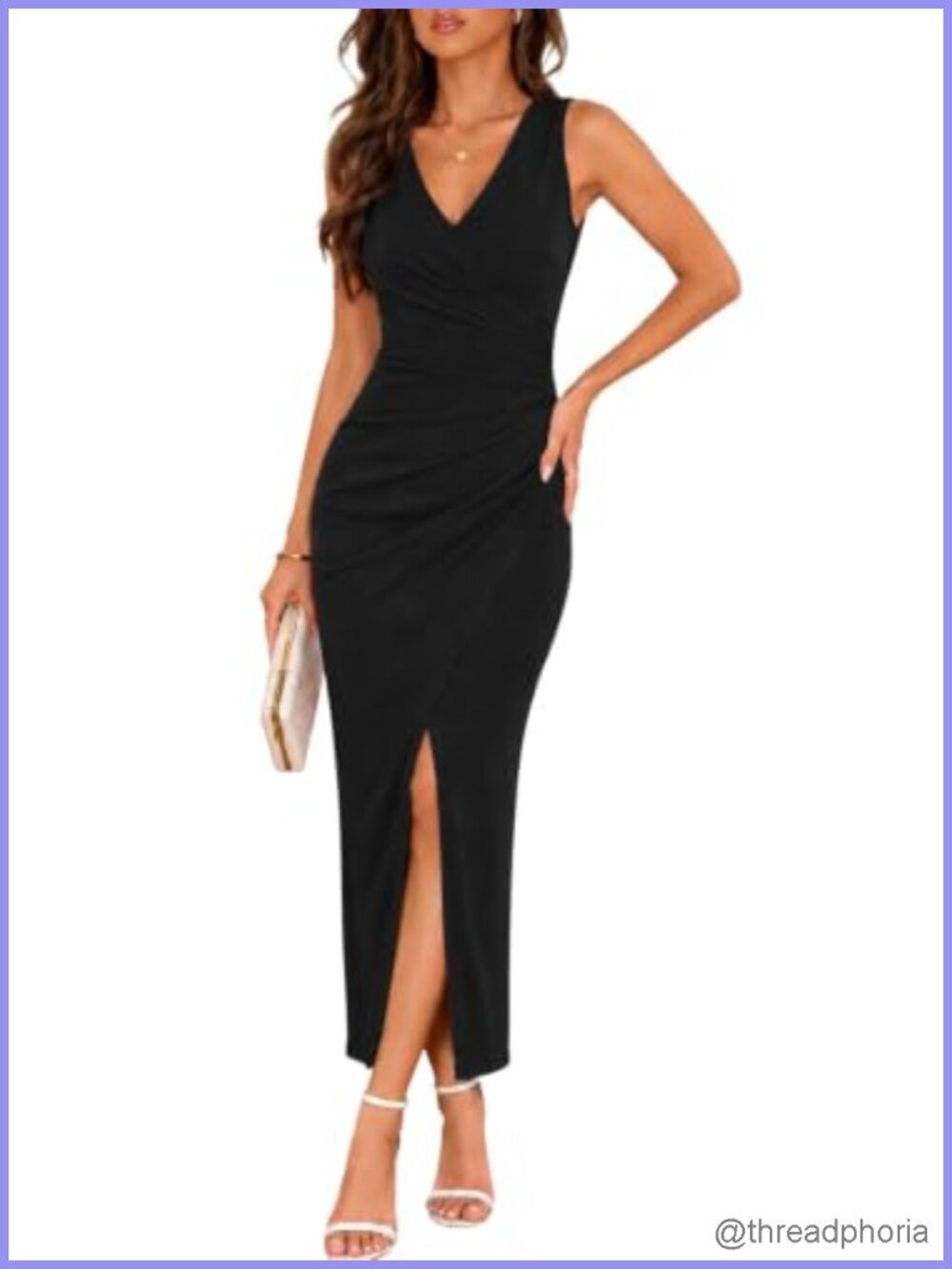 Women's Bodycon Maxi Dress Sleeveless V Neck Side Slit Ruched Wrap Cocktail